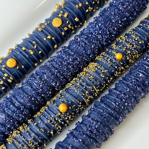 Navy Blue and Gold Chocolate Covered Pretzels Birthday Anniversary Graduation Party Treat