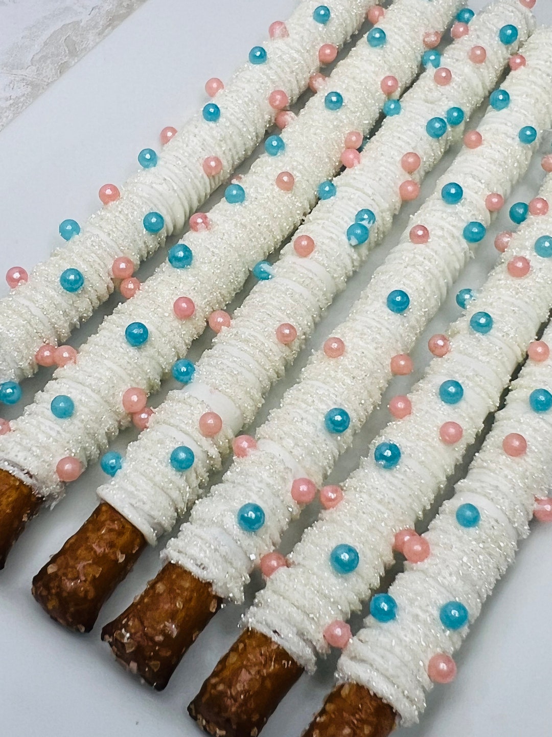 Gender Reveal Chocolate Covered Pretzel Rods Pink and Blue Baby Shower