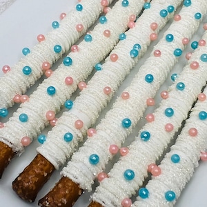 Gender Reveal Chocolate Covered Pretzel Rods Pink and Blue Baby Shower Candy Treat Table Party Favor 1 Dozen