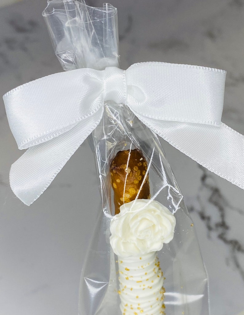White Chocolate Pretzel Rods Gold Silver White With Rose or Bow Baby Shower Wedding Party Favor Birthday Treat Candy Table Gift image 4