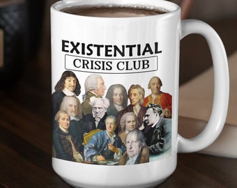 Existential Crises Club Philosophy Lover Mug, Nietzsche Schopenhauer Kant Voltaire Hegel Diderot Adam Smith David Burke Thomas Hobbes