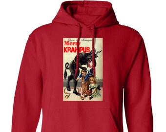 Felpa con cappuccio Merry Krampus, Felpa con cappuccio Krampus, Brutta camicia Krampus, Regalo horror di Natale, Regalo delle festività natalizie horror, Camicia con carte Krampus