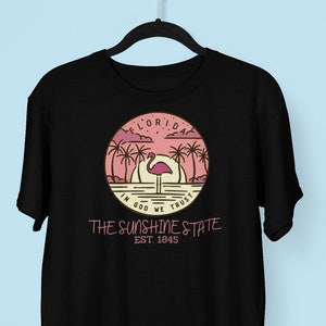 Florida The Sunshine State T-shirt, Florida State Motto Quarter Flamingo Palm Trees Vacation Travel Logo Shirt