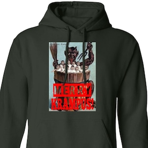 Felpa con cappuccio natalizia Merry Krampus, Krampus, Felpa Krampus, Camicia di carta Krampus vintage, Regalo horror di Natale, Camicia di Natale spaventoso