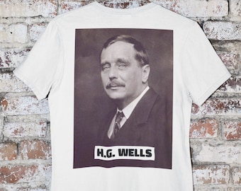 May include: White t-shirt with a black and white photo of H.G. Wells on the front. The photo is in a black frame with the text "H.G. WELLS" printed below it.