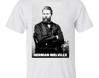 May include: A black and white photograph of Herman Melville, an American author, wearing a dark suit and sitting in a chair. The photo is on a white t-shirt with the text "Herman Melville" printed below the image.