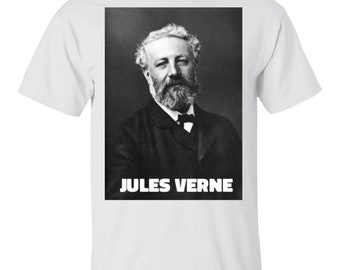 May include: A black and white photo of Jules Verne, a French author, wearing a dark suit and a bow tie. The text "Jules Verne" is printed below the photo.