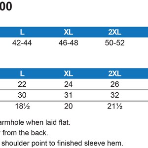 K&ouml;nnte beinhalten: Gr&ouml;&szlig;entabelle f&uuml;r ein 5,3 Unzen schweres T-Shirt aus 100 % Baumwolle, mit Brust-, K&ouml;rper- und &Auml;rmell&auml;ngenma&szlig;en in Zoll f&uuml;r die Gr&ouml;&szlig;en S bis 6XL.