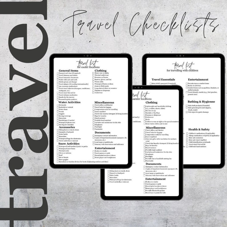 Travel Packing Checklist Locations and With Children Organised - Etsy