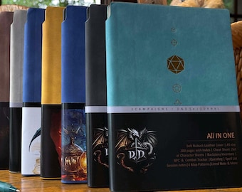 2-Campaign Personalized DnD 5e/5R Notebook,D&D Journal,Leather Cover,CharacterSheet,CheatSheet,NPC Tracker,Questlog,Map..190 Page,All In One