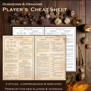 DnD 5e New Player Cheat Sheet,D&D rules,Comprehensive Quick Guide Printable A4/A5 PDF for beginners,veterans,Dungeons and Dragons,2 styles