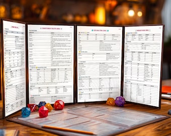 May include: A tabletop role-playing game screen with detailed charts and tables. Colorful polyhedral dice are scattered on the game board. The screen is open, displaying information for gameplay. A miniature figure is on the table.