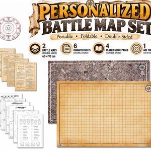 Personalized DnD Battle Map, Foldable Double Sided 24x36 Grid Mat With Character Sheets,Cheat Sheets,AOE,Square / Hex Grid, Portable RPG Set