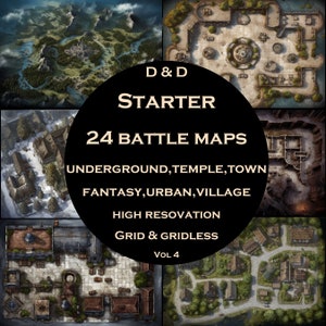 DnD Starter Battle Map Bundle - 24 vielseitige D & D-Battlemaps Set in Untergrund, Tempel, Stadt, Fantasy, Urban, und Dorf Themen, Gitter / Gitterlos