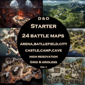 DnD Starter Battle Map Bundle - 24 vielseitige D & D-Battlemaps Set in Arena, Schlachtfeld, Stadt, Höhle, Lager, und Burg Themen, Gitter / Gitterlos