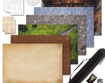 D&D-rastermatten van 24 x 36 inch met richtclips, 6 kaarten, personagebladen, spiekbriefjes voor spelers, spreuk AOE-sjabloon, set mysterieuze dobbelstenen