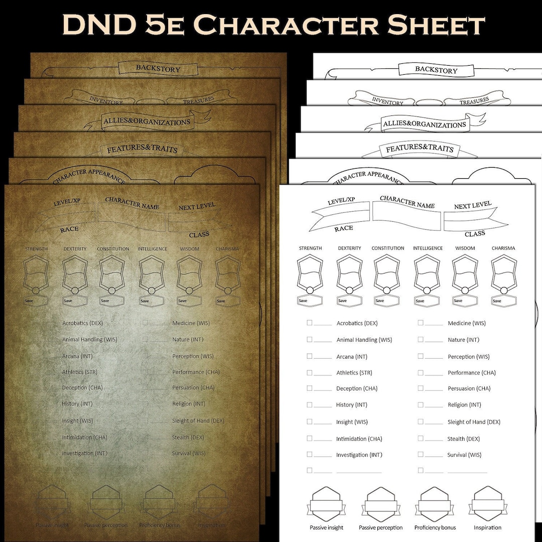 Comprehensive Dnd 5e Character Sheet, Printable PDF, 6 Pagesa4/a5 Size, 2 Colors ancient/white