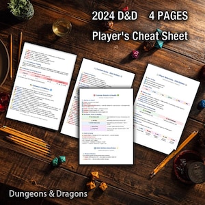 May include: Four-page Player's Cheat Sheet for Dungeons & Dragons 2024 edition. The sheets are white with black text and colorful highlights, lying on a wooden table with dice, pencils, and a small glass. The text includes "2024 D&D", "4 Pages", and "Player's Cheat Sheet".