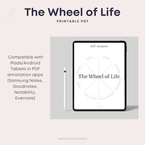 Puede incluir: Una hoja de trabajo PDF imprimible titulada "La Rueda de la Vida" para el autoan&aacute;lisis. La hoja de trabajo est&aacute; dividida en ocho secciones, cada una representando un &aacute;rea de vida diferente: carrera, familia, vida social, crecimiento personal, tiempo libre, salud, finanzas y medio ambiente. La hoja de trabajo est&aacute; dise&ntilde;ada para ayudar a los usuarios a evaluar su nivel actual de satisfacci&oacute;n en cada &aacute;rea de la vida e identificar &aacute;reas para mejorar.