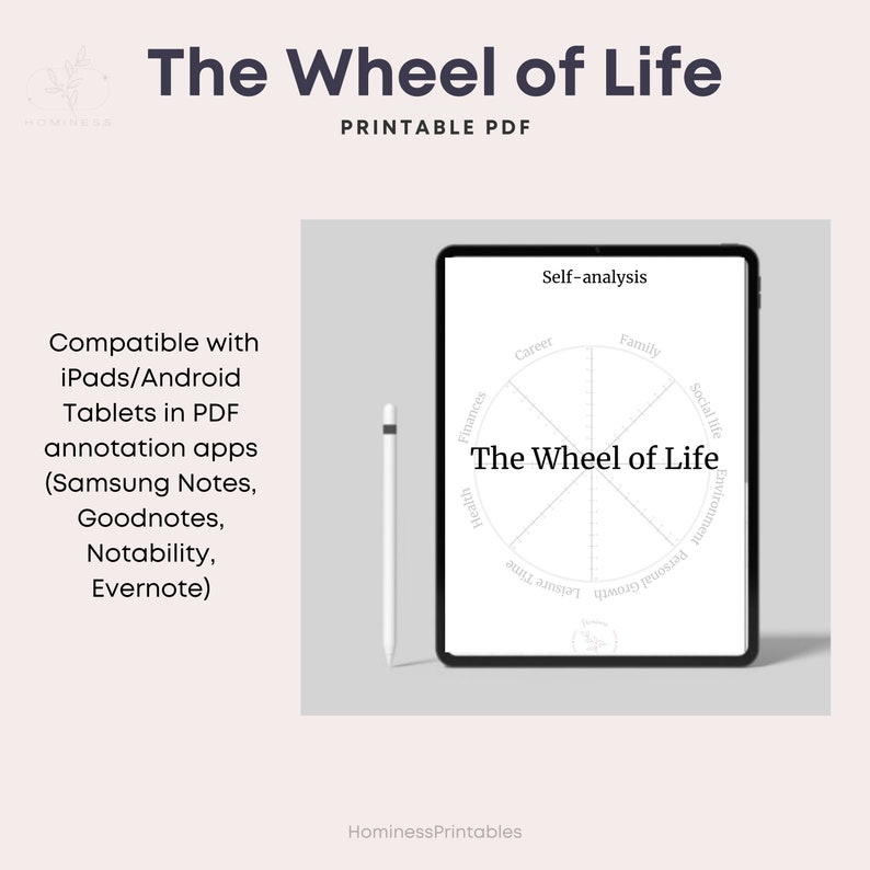Puede incluir: Una hoja de trabajo PDF imprimible titulada "La Rueda de la Vida" para el autoan&aacute;lisis. La hoja de trabajo est&aacute; dividida en ocho secciones, cada una representando un &aacute;rea de vida diferente: carrera, familia, vida social, crecimiento personal, tiempo libre, salud, finanzas y medio ambiente. La hoja de trabajo est&aacute; dise&ntilde;ada para ayudar a los usuarios a evaluar su nivel actual de satisfacci&oacute;n en cada &aacute;rea de la vida e identificar &aacute;reas para mejorar.