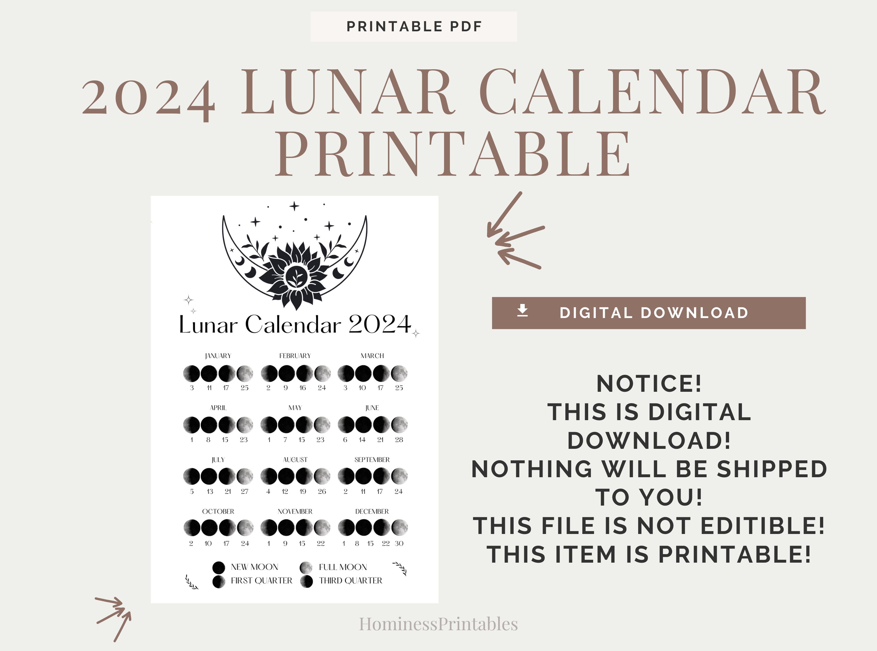 2024 Lunar Calendar Printable. Moon Phases Calendar Printable. Digital ...