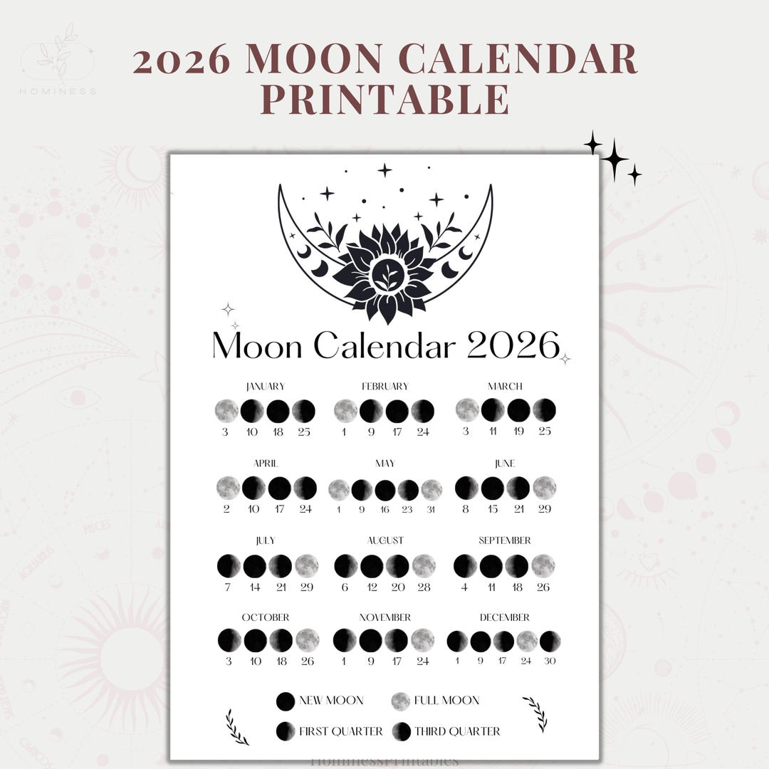 Moon Calendar Printable 2026 Moon Phases Calendar Moon Poster 2026 ...