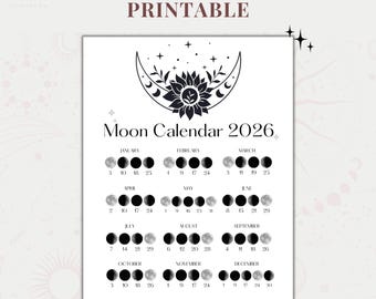 Calendario lunare stampabile 2026 Calendario delle fasi lunari Poster lunare 2026 Ciclo del calendario lunare Pdf Calendario lunare digitale Download PDF.