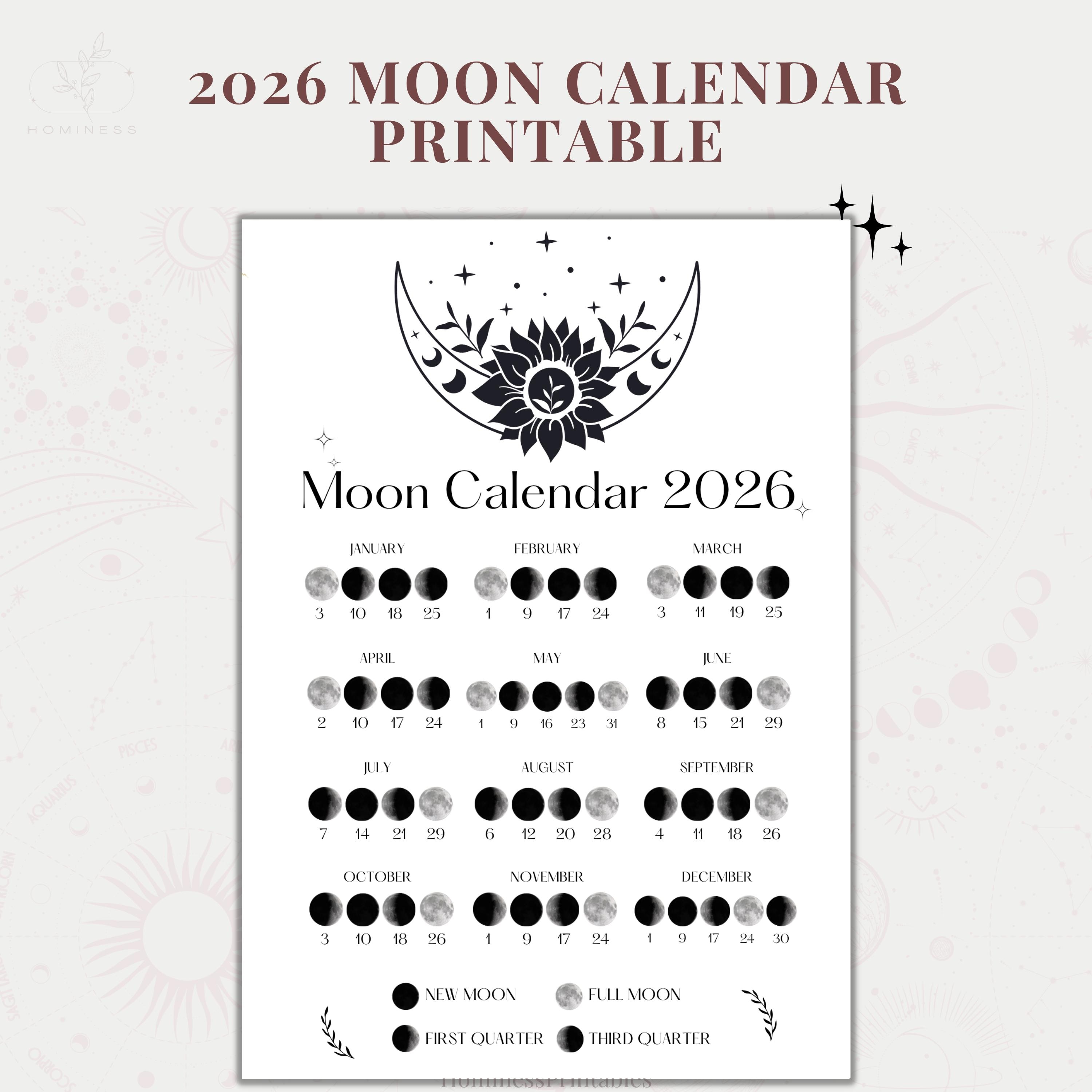 Moon Calendar Printable 2026 Moon Phases Calendar Moon Poster 2026
