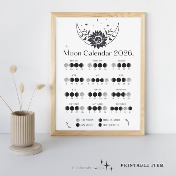 Moon Calendar Printable 2026 Moon Phases Calendar Moon Poster 2026