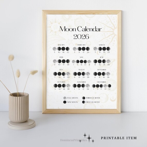 2026 Moon Calendar Printable Moon Phases Calendar Moon Poster2026
