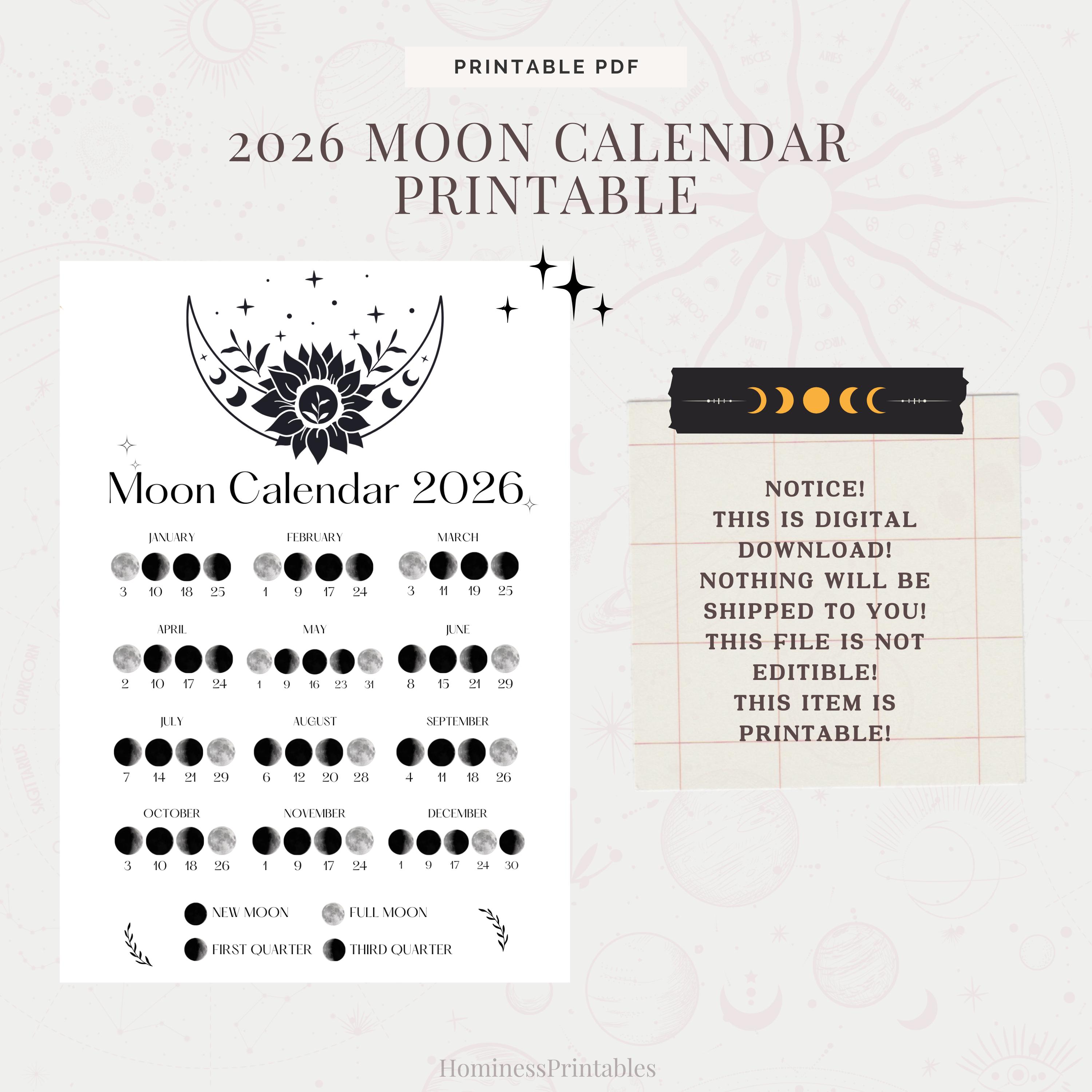 Moon Calendar Printable 2026 Moon Phases Calendar Moon Poster 2026 ...