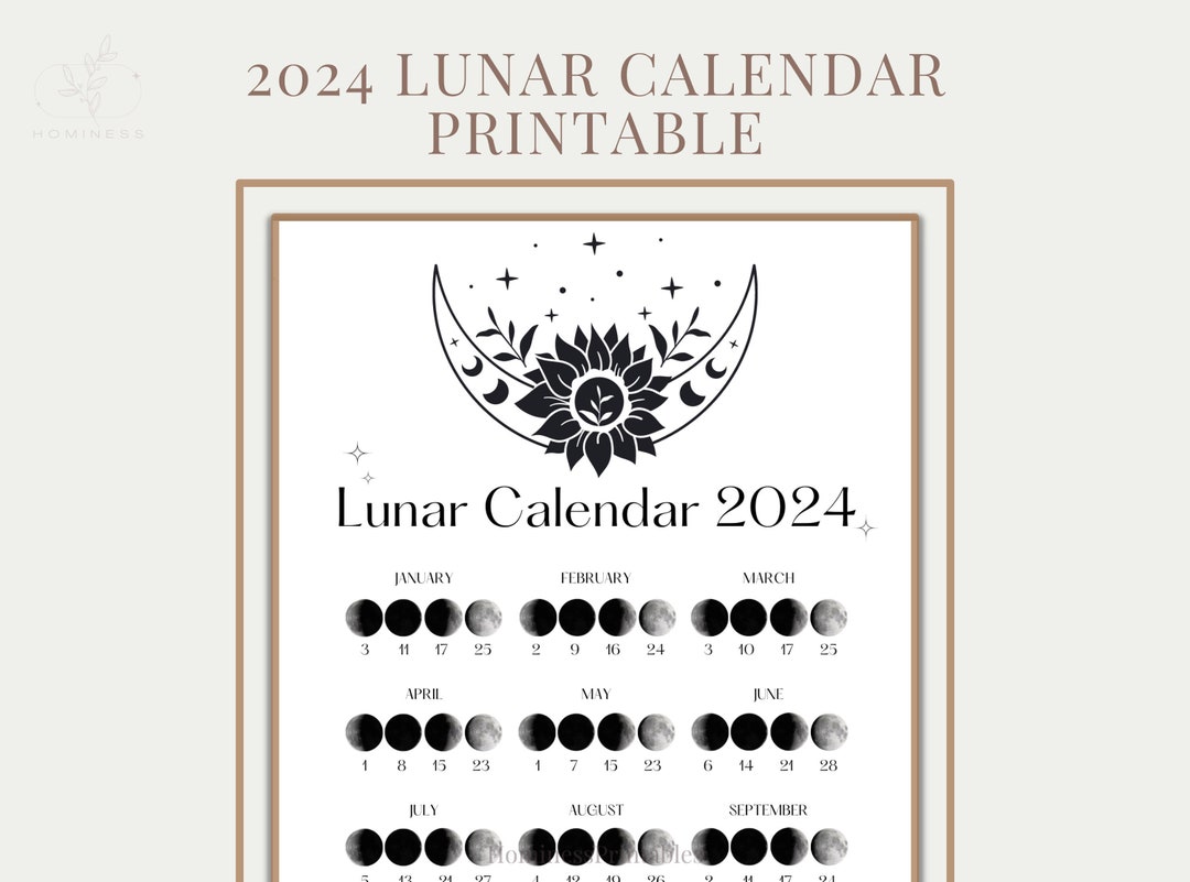 2024 Lunar Calendar Printable. Moon Phases Calendar Printable. Digital