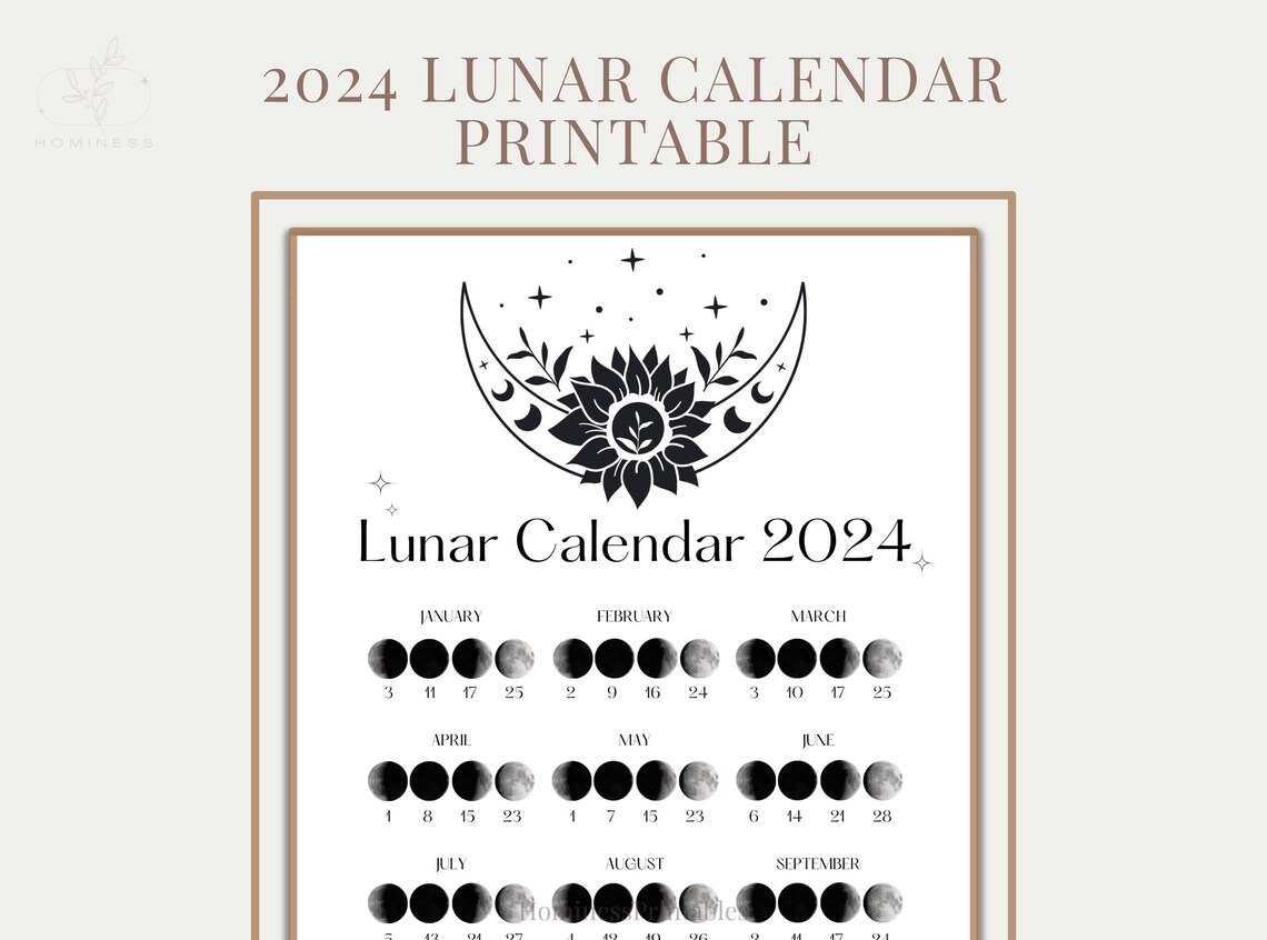 2024 Lunar Calendar Printable. Moon Phases Calendar Printable. Digital