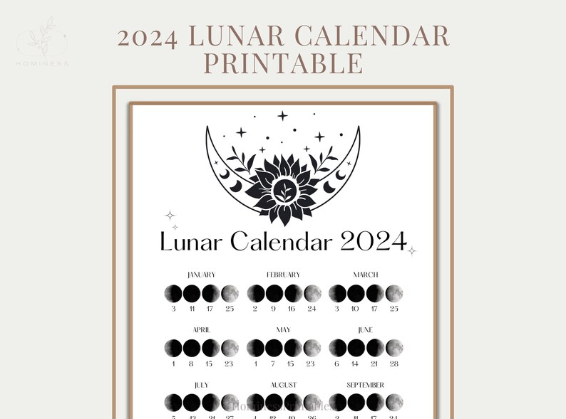 2024 Lunar Calendar Printable. Moon Phases Calendar Printable. Digital