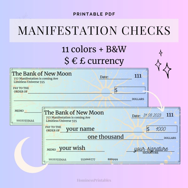 Manifestation Checks Printable. Money Manifestation. New Moon Manifestation Cheque Pintable. Digital Instant Download PDF.