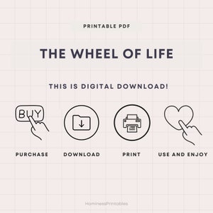 Puede incluir: Una descarga PDF imprimible de un gr&aacute;fico de la rueda de la vida. El gr&aacute;fico muestra un c&iacute;rculo con secciones para diferentes &aacute;reas de la vida, como la salud, las relaciones y la carrera. El gr&aacute;fico est&aacute; dise&ntilde;ado para ayudar a las personas a visualizar sus objetivos de vida y avanzar hacia ellos. La imagen muestra una serie de iconos que representan los pasos para comprar, descargar, imprimir y usar el gr&aacute;fico.