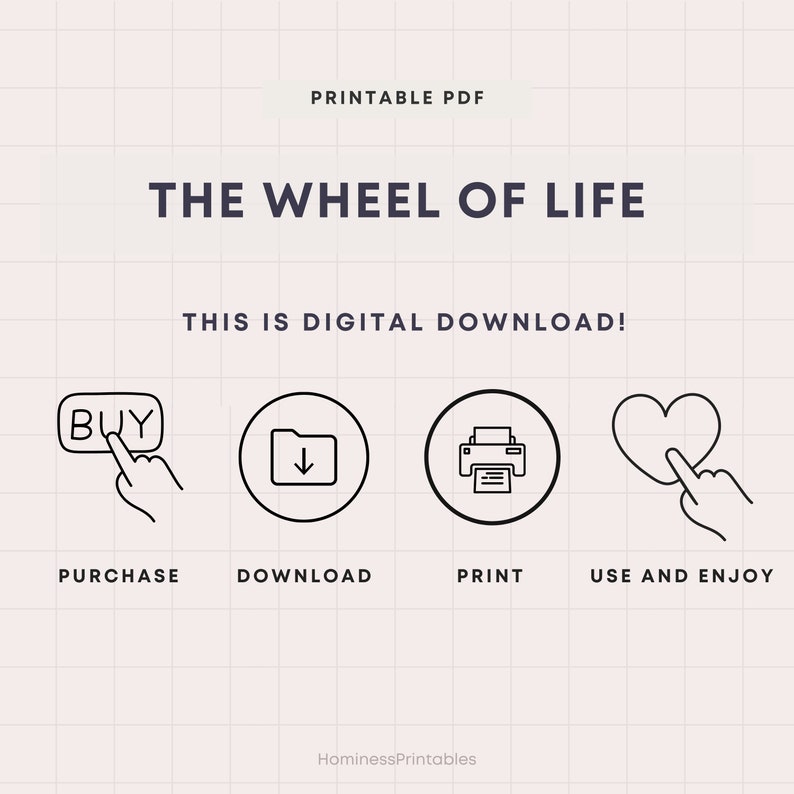 Puede incluir: Una descarga PDF imprimible de un gr&aacute;fico de la rueda de la vida. El gr&aacute;fico muestra un c&iacute;rculo con secciones para diferentes &aacute;reas de la vida, como la salud, las relaciones y la carrera. El gr&aacute;fico est&aacute; dise&ntilde;ado para ayudar a las personas a visualizar sus objetivos de vida y avanzar hacia ellos. La imagen muestra una serie de iconos que representan los pasos para comprar, descargar, imprimir y usar el gr&aacute;fico.