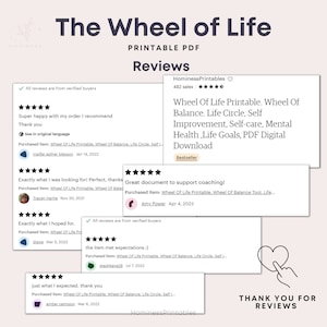 Puede incluir: Una captura de pantalla de un sitio web con rese&ntilde;as de clientes para un PDF imprimible de la Rueda de la Vida. Las rese&ntilde;as son todas positivas y destacan la utilidad del producto para la superaci&oacute;n personal, el autocuidado y la salud mental.