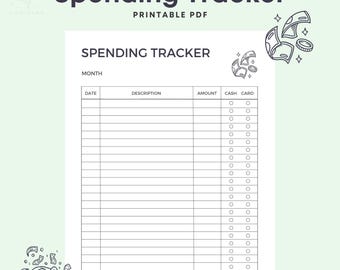 Puede incluir: Un rastreador de gastos en PDF imprimible con el título "Spending Tracker". El documento incluye secciones para fecha, descripción, cantidad, efectivo y tarjeta. Se incluyen ilustraciones decorativas de dinero y una alcancía.