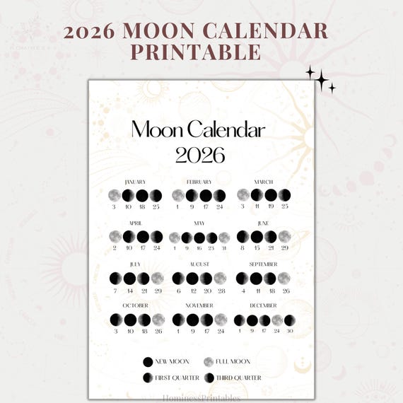 2026 Moon Calendar Printable Moon Phases Calendar Moon Poster2026