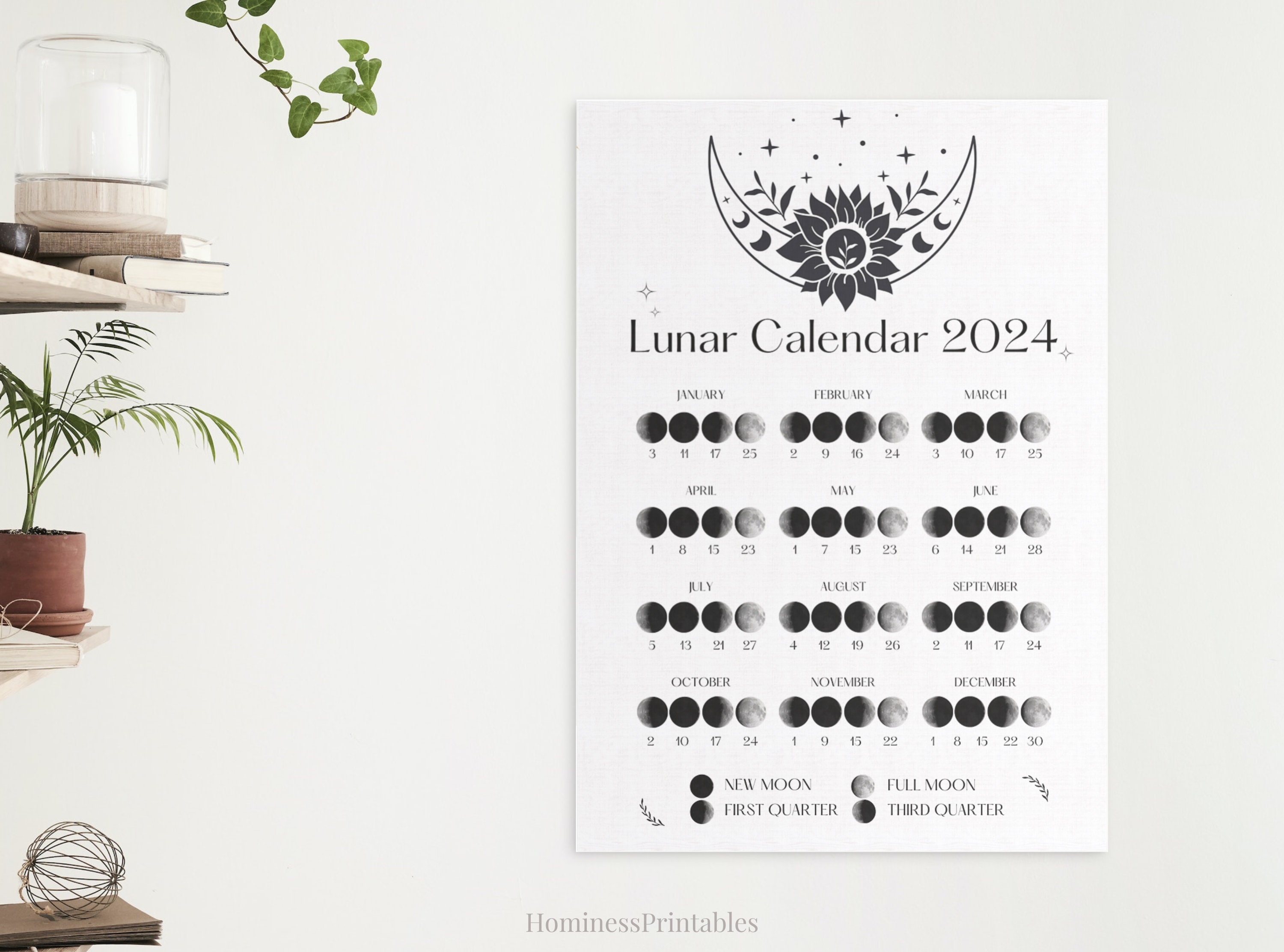 2024 Lunar Calendar Printable. Moon Phases Calendar Printable. Digital ...