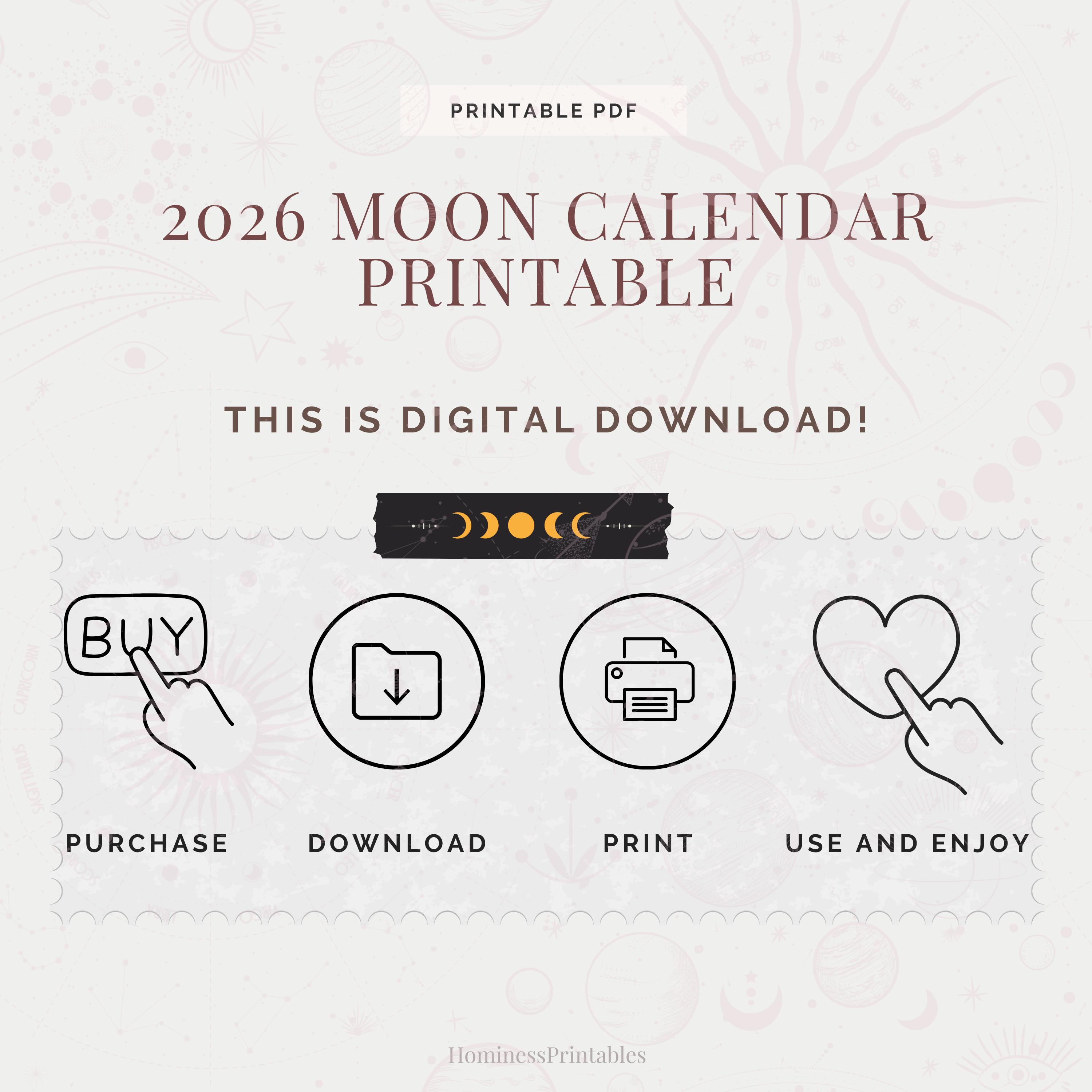 Moon Calendar Printable 2026 Moon Phases Calendar Moon Poster 2026 ...