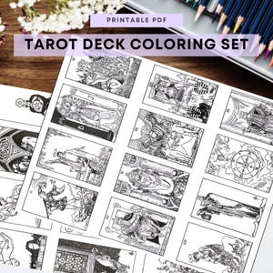 Puede incluir: Un juego de colorear de cartas del tarot en blanco y negro con ilustraciones detalladas de varias cartas del tarot. El texto "PRINTABLE PDF" y "TAROT DECK COLORING SET" son visibles. Lápices de colores en el fondo.