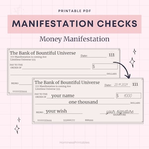 Manifestation Checks Printable Money Manifestation Law of Attraction Template Vision Board Checks Printable Digital Download PDF