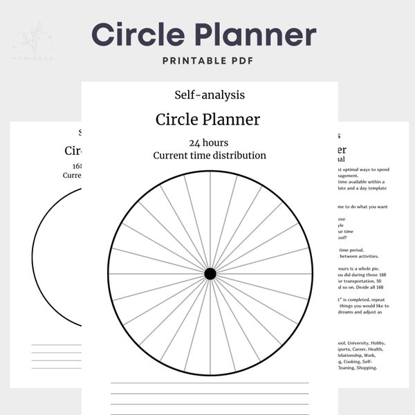 Circle Planner Template Printable. 24 hours Planner, Hourly Planner Coaching Worksheet, Weekly Planner, Pie Chart Time, PDF Digital Download