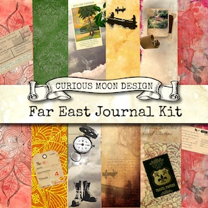 Op de afbeelding: Een collage van papieren elementen in vintage stijl met een reisthema. Bevat ansichtkaarten, een kompas, een treinkaartje en illustraties van boten en landschappen. De tekst luidt "Curious Moon Design" en "Far East Journal Kit."