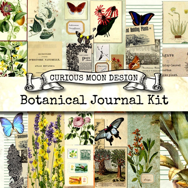 BOTANICAL JUNK JOURNAL, a vintage style digital printable Kit for Scrapbook, card making, Journaling pages, diaries, notebooks