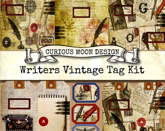 Vintage Writer Tag Kit, Ephemera, Scrapbook Embellishments for Junk Journals, Scrapbooks, Gifts, Presents. Double sided.(Digital Download)