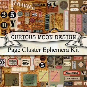 May include: A digital scrapbooking kit with a vintage aesthetic. The kit includes various elements such as numbers, letters, maps, globes, and labels. The kit is titled "Curious Moon Design Page Cluster Ephemera Kit".
