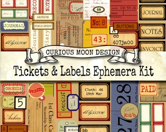 Vintage Style Labels and Tickets, Printable Ephemera (Digital Download).